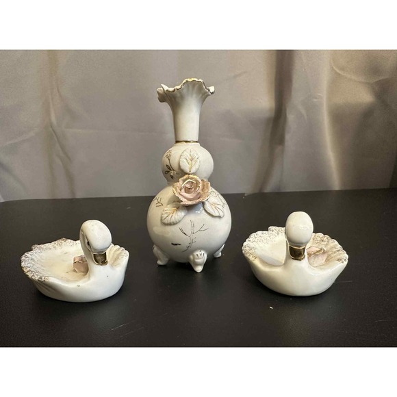 Vintage Ceramic Swan Trinket Dish Ring Holder Vase Japan Floral Gold - Picture 1 of 6
